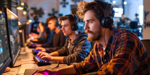 Fototapete - Developers testing new gaming consoles in a game development studio, showcasing entertainment technology development