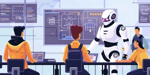 Fototapete - A group of AI specialists training a robot to perform tasks, with sensors and circuit boards visible, demonstrating artificial intelligence technology development