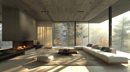 Wall Mural - Modern Living Room with Fireplace and Forest View