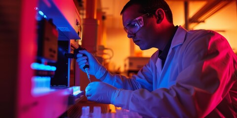 Leinwandbilder - A scientist adjusting settings on a gene editing machine in a biotech lab, emphasizing genetic technology development