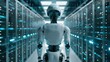 © Adi - Rear back view of AI artificial intelligence robot standing in data center with racks. Futuristic technology internet information