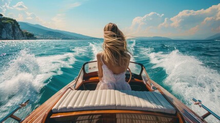 Rear back view of young woman driving a fast luxury wooden motorboat or speedboat on ocean water outdoors. Vacation travel adven