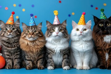 31071957 02 2. A group of cats of various breeds sitting in a row, each wearing a small party hat, against a festive background 