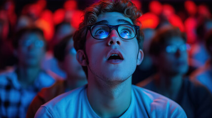 Young man with glasses looking up in awe while seated in a darkened room filled with colorful lights and spectators.