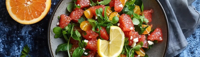 Sticker - A bowl of fruit salad with a lemon and an orange. The bowl is on a blue background