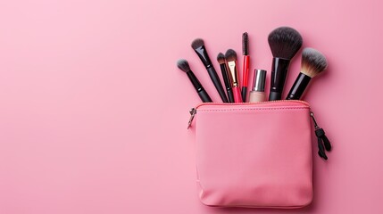 Pink Makeup Bag with Brushes and Foundation