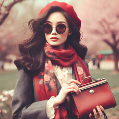 A woman wearing sunglasses and red scarf in spring park holding purse (4).