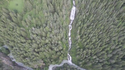 Wall Mural - video drone paesaggio montuoso, con veduta dall'alto su foresta con cascata risoluzione 4k