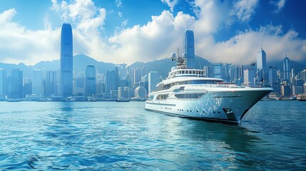 Wall Mural - A large white boat is docked in the water next to a city. The city skyline is visible in the background, and the water is calm. The scene has a peaceful and serene mood, with the boat