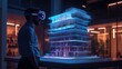 © Blue Ha Waii - AI - Man wearing VR headset viewing a futuristic holographic building model in a modern office at night.