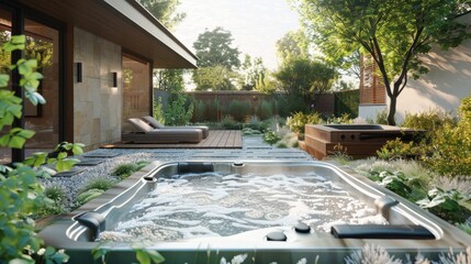 Canvas Print - A large, white hot tub with a wooden deck surrounding it. The deck is covered in grass and has a patio area with a dining table and chairs. The hot tub is surrounded by a fence