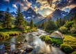 © Sirinporn - Serene wilderness scene featuring a solitary tent pitched alongside a gentle, crystal-clear stream, surrounded by lush greenery, with majestic mountains rising in the background.