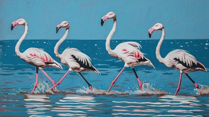 Canvas Print - Four flamingos walking in the water.