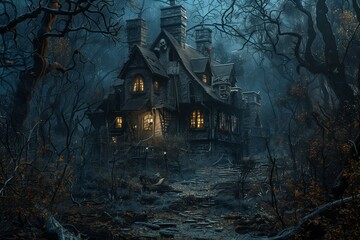 Wall Mural - Haunted House Adventure in a Creepy Night Forest: A Spooky Halloween Experience