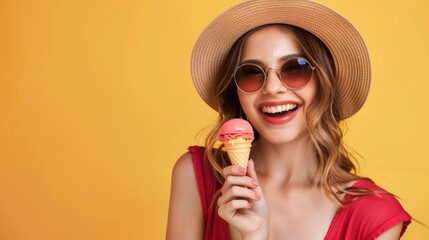 Stylish caucasian woman in hat and sunglasses with ice cream on yellow background