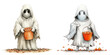 © suratin - Three jolly cartoon men dressed as dolls in spooky Halloween costumes for festive fun