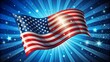 © Sirinporn - Stylized illustration of American flag waving in wind with bold stripes and bright stars on a blue background with subtle gradient and texture effects.