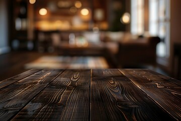 Poster - Dark wooden table, blurred living room background, close-up, brown wood grain texture, product display montage, focus right, bokeh, real photo.