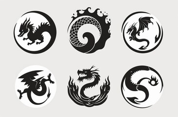 Set of round tribal dragon tattoo designs in black and white, modern illustration