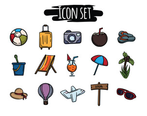 A bright set of hand-drawn icons related to travel, tours, recreation, sea and vacation. Simple vector signs and symbols for website design, application, banners