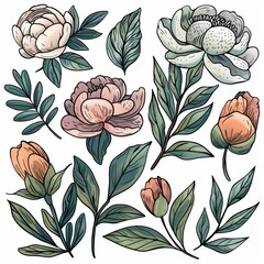 Wall Mural - A line drawing of a peony flower and leaves. This is a modern hand drawn outline.