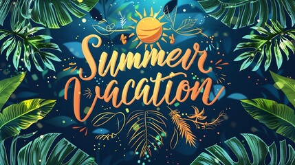 Vector illustration of a summer vacation letters logo with sun. Poster and typographic banner for summer days, Generative AI.