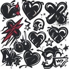 Wall Mural - The ink blots set includes lines of smirk and fire skull, hearts, stars, thunders and fire skulls on a white background, Street style.