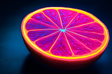 Wall Mural - Vibrant neon silhouette of a grapefruit isolated on black background.