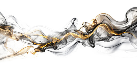 abstract black and white smoke flowing lines with golden accents on transparent background