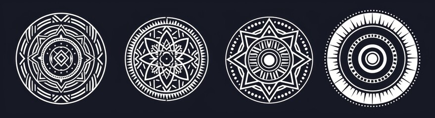 In this set of abstract circular ornaments, there are four decorative patterns isolated on a black background. They represent tribal ethnic motifs, stylized sun symbols, stencil tattoos, and prints.