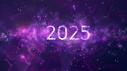 Minimalistic purple space background with stars and large numerals displaying the year 2025