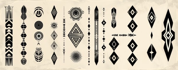 boho navajo elements on white and black with abstract aztec elements. national tribal pattern with l