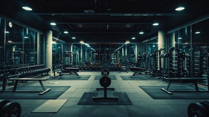 Wide angle photography of an empty modern gym interior full of weights, bars and racks. Strong artificial lighting illuminat