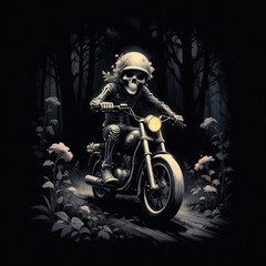 A skeleton wearing a motorcycle helmet and riding a motorcycle through a dark forest with colorful flowers in the foreground