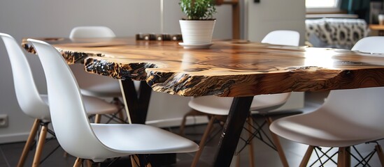 Poster - Dining table with creatively shaped live edge tabletop, Scandinavian style, modern home interior, close-up, high resolution.