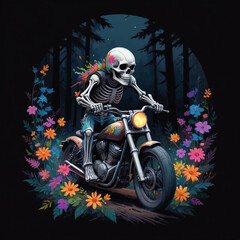 A skeleton wearing a motorcycle helmet and riding a motorcycle through a dark forest with colorful flowers in the foreground