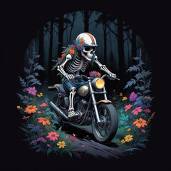 Wall Mural - A skeleton wearing a motorcycle helmet and riding a motorcycle through a dark forest with colorful flowers in the foreground