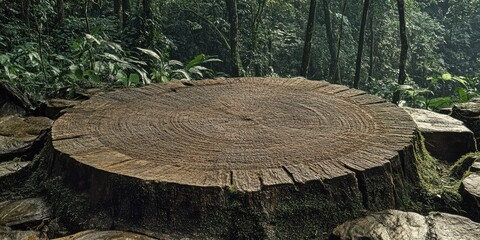 Wall Mural - Tree Stump with Visible Growth Rings in a Lush Green Forest