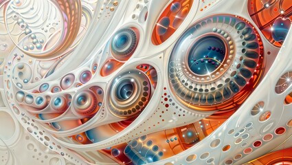 Abstract Techno Oceans.  A vibrant digital artwork featuring a complex array of futuristic elements and organic shapes, with a color palette that suggests a blend of technology and marine life.
