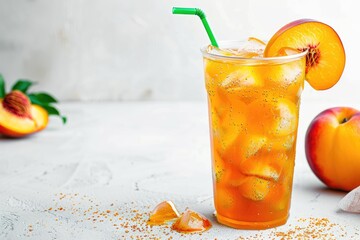 Peach Iced Tea with a Slice of Peach and Ice Cubes