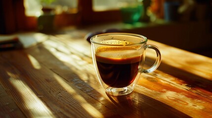 a transparent glass mug with espresso coffee, minimalistic, still life