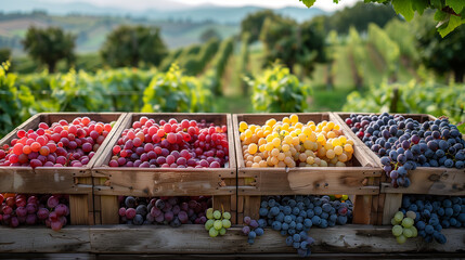 Wall Mural - A variety of grapes are displayed in old crates on a table