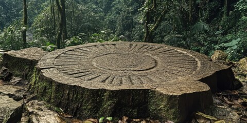 Poster - Ancient Carved Tree Stump in Lush Tropical Rainforest