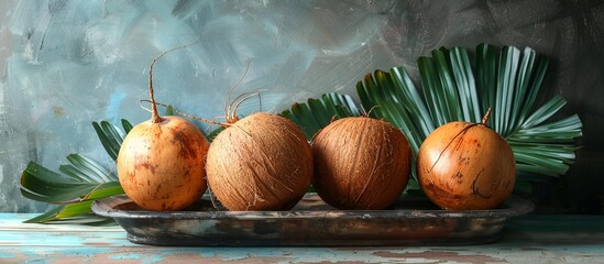 a group of coconuts and onions.

