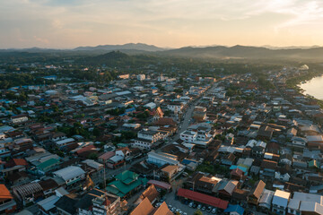 Aerial view of Mekong River Community in Loei province, Thailand.