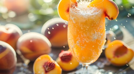 Wall Mural - Peach Perfection: A Refreshing Splash of Summer -  A glass of chilled peach juice, adorned with fresh peach slices, takes center stage amidst a bounty of ripe peaches, capturing the essence of summer 