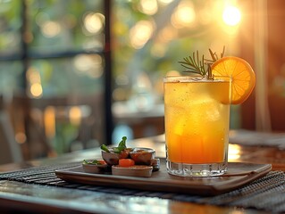 Poster - a glass of orange liquid with a slice of orange on top of a plate of food.

