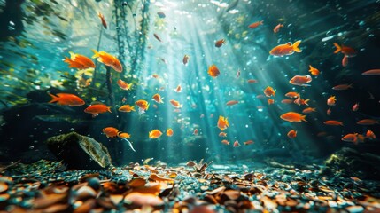 Wall Mural - Underwater Sunbeams Illuminate a School of Fish.