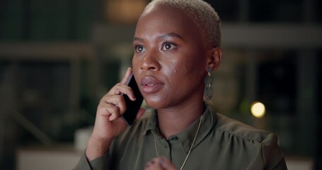 Poster - Business, black woman and angry with phone call in office at night for communication, conflict crisis and deadline news. Frustrated, person and mobile consulting, networking fight and project error