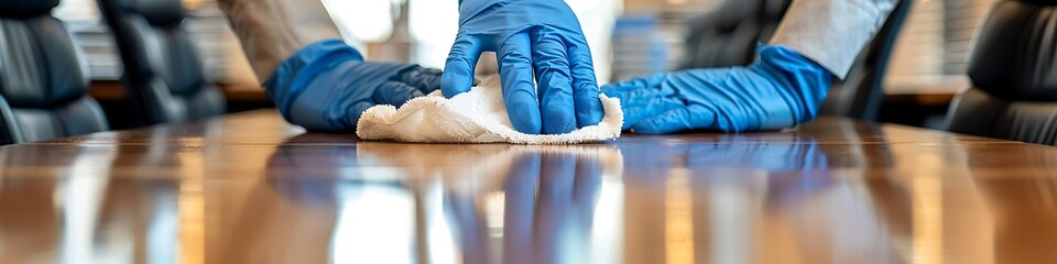 Blue gloves wiping a table with a microfiber cloth in an office meeting room, ensuring a spotless and polished surface.